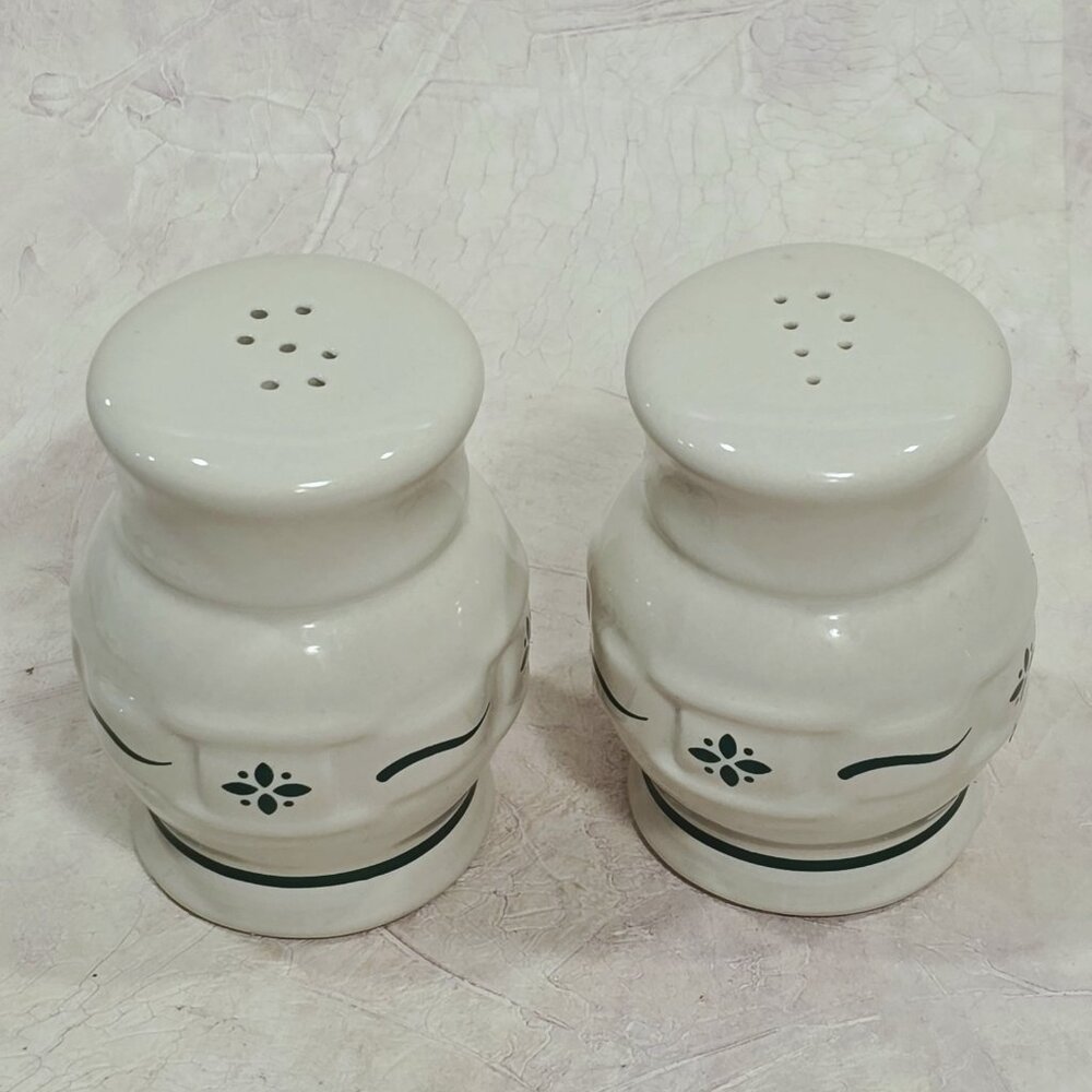 Longaberger Pottery Woven Traditions Salt & Pepper Shakers Green EUC